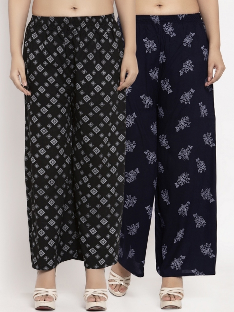 

KLOTTHE Women Pack Of 2 Black & Navy Blue Printed Straight Palazzos