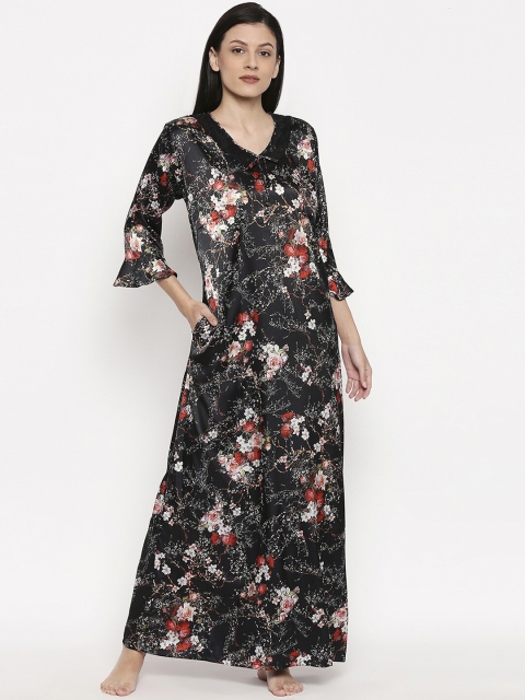 

XIN Women Black & White Floral-Print Maxi Length Nightdress