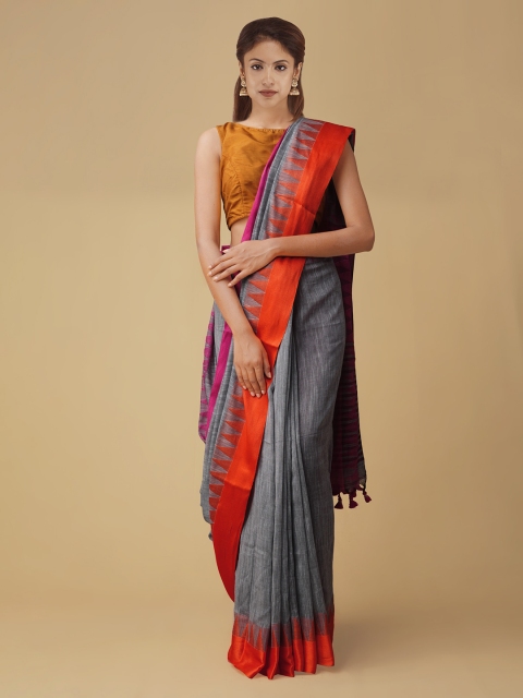

Unnati Silks Grey & Orange Pure Linen Solid Jamdani Saree