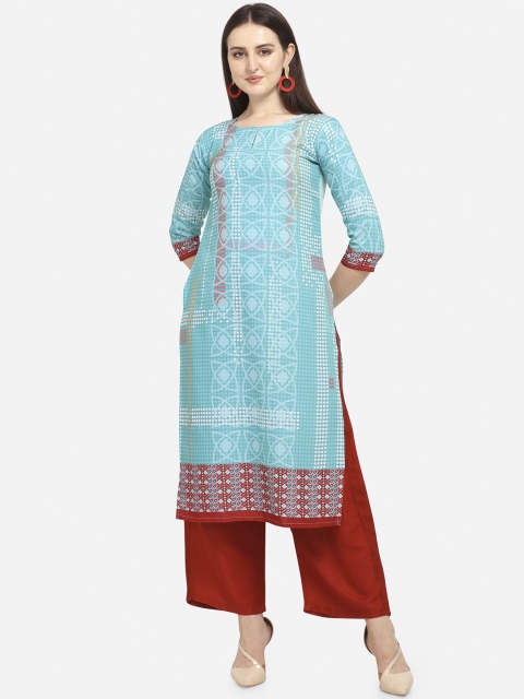 

PURVAJA Women Blue Printed Straight Kurta