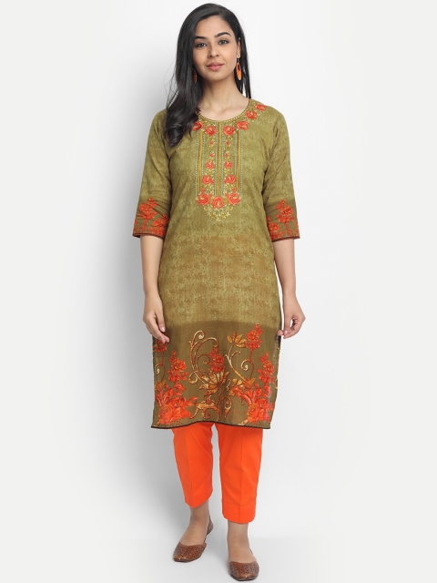 

7Threads Women Green Printed Straight Kurta