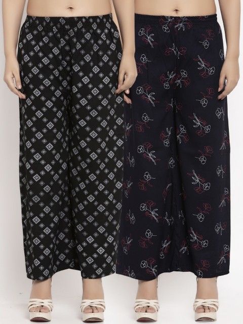 

KLOTTHE Women Pack Of 2 Printed Straight Palazzos, Black