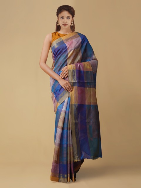 

Unnati Silks Blue Silk Cotton Checked Jamdani Saree