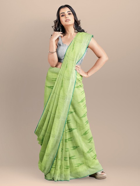 

BharatSthali Lime Green & Turquoise Blue Pure Cotton Woven Design Ikat Saree