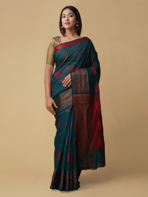 

Unnati Silks Blue Silk Cotton Printed Jamdani Saree
