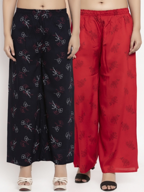 

KLOTTHE Women Pack Of 2 Red & Navy Blue Printed Straight Palazzos
