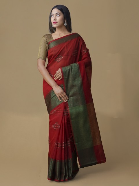 

Unnati Silks Rust & Pink Silk Cotton Printed Jamdani Saree
