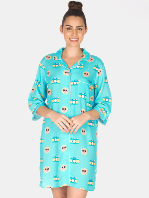 

Smugglerz Women Blue & Yellow Printed Sleep Shirt