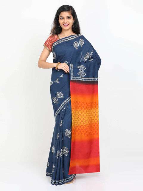 

SABOO COLLECTIONS Blue & Orange Pure Silk Colourblocked Block Print Saree