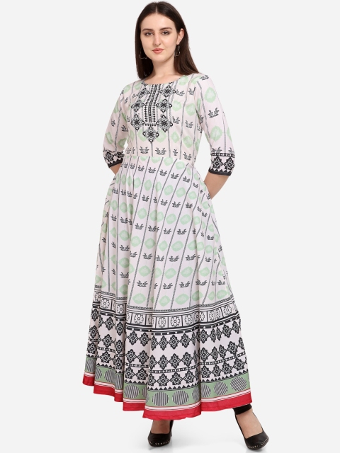 

PURVAJA Women Off-White & Green Printed Anarkali Kurta