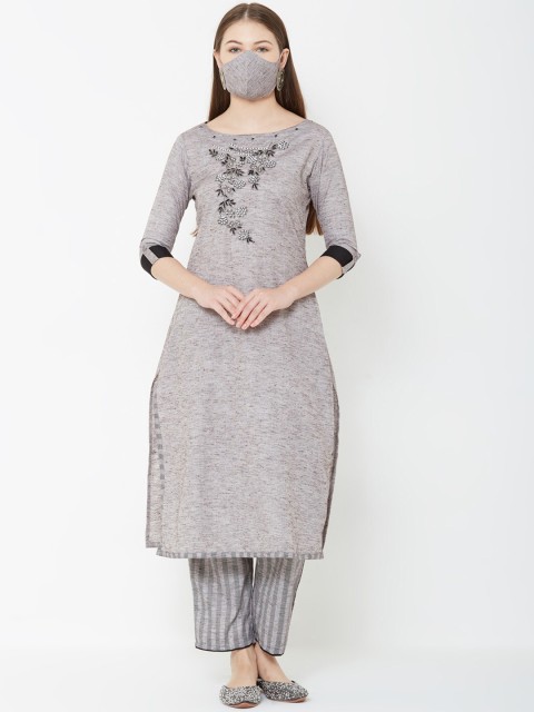 

FASHOR Women Grey Embroidered Kurta with Trousers & Dupatta