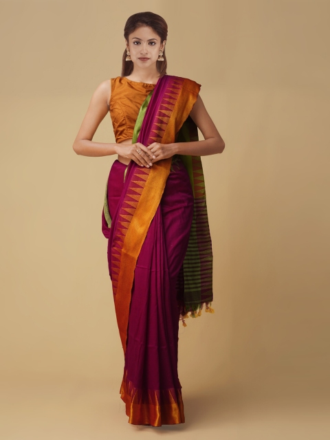 

Unnati Silks Maroon Pure Linen Solid Jamdani Saree