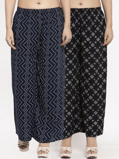 KLOTTHE Women Pack Of 2 Black & Navy Blue Printed Straight Palazzos
