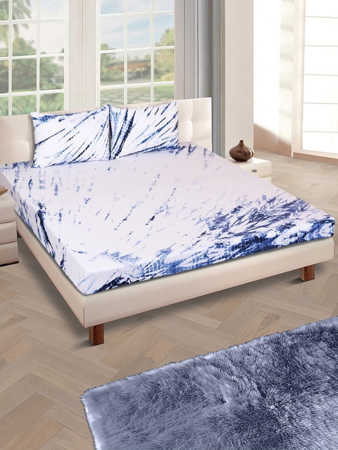

ROMEE Off-White & Blue Tie & Dye Printed 300 TC Cotton 1 King Bedsheet With 2 Pillow Covers