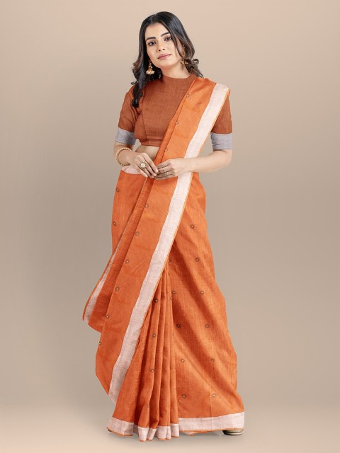 

BharatSthali Orange Cotton Woven Design Handloom Jamdani Sustainable Saree