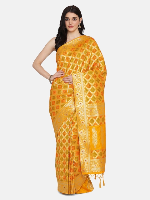 

BOMBAY SELECTIONS Yellow & Silver-Toned Silk Blend Woven Design Patola Saree