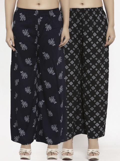 

KLOTTHE Women Pack Of 2 Black & Navy Blue Printed Straight Palazzos