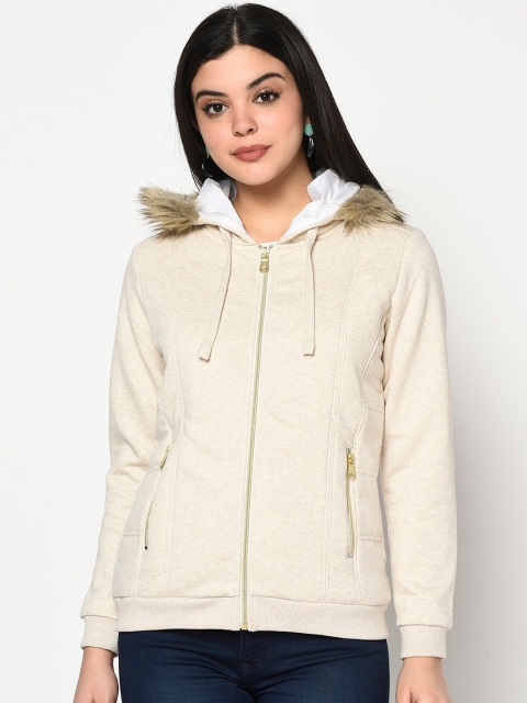 

METTLE Women Cream-Coloured Solid Hooded Sweatshirt