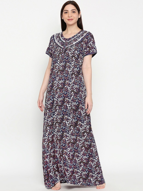 

XIN Women Navy Blue & Brown Printed Maxi Nightdress