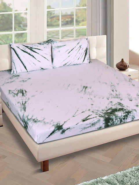 

ROMEE White & Green Tie & Dye Printed 300 TC King Bedsheet With 2 Pillow Covers
