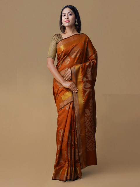 

Unnati Silks Orange Silk Cotton Printed Jamdani Saree