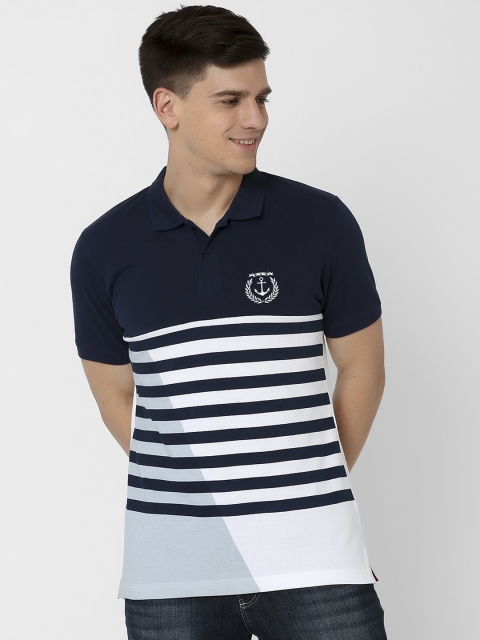 

MARCA Disati Men Navy Blue & White Striped Polo Collar T-shirt