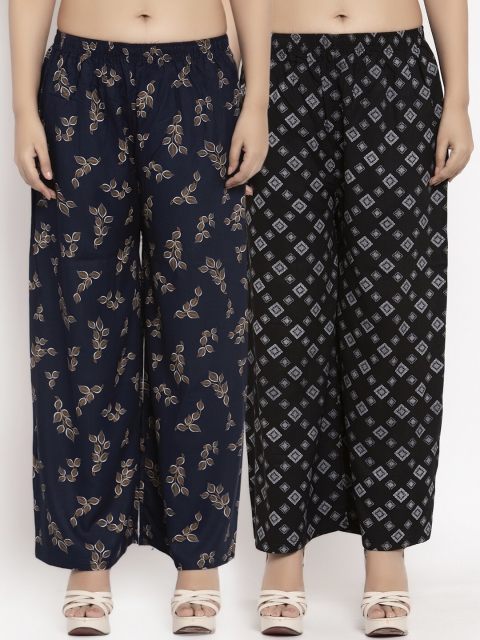 

KLOTTHE Women Pack Of 2 Black & Navy Blue Printed Straight Fit Palazzos