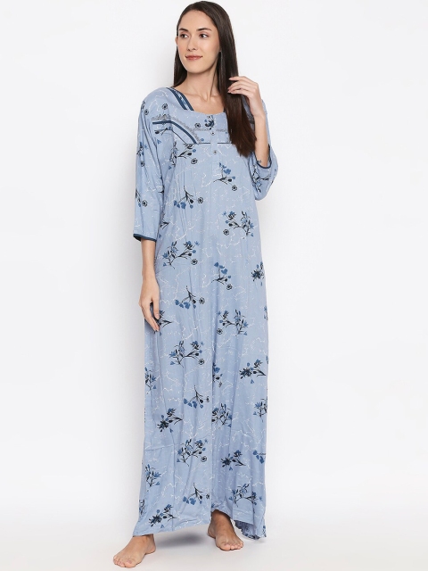 

XIN Women Blue & Black Floral Printed Maxi Nightdress