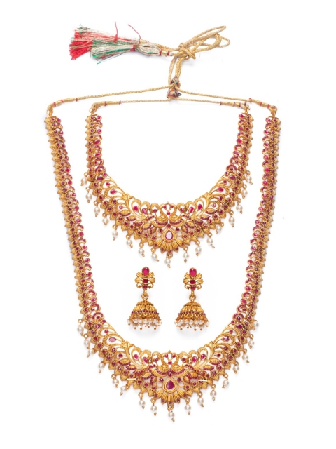 

Alankruthi Gold-Plated Red Stone-Studded & Beaded Temple Jewellery Set