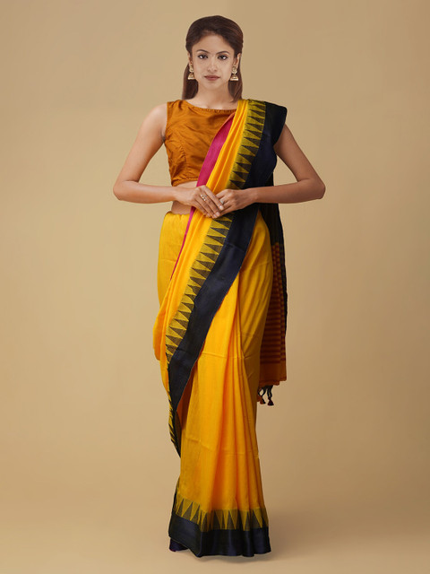 

Unnati Silks Yellow & Black Pure Linen Colourblocked Jamdani Saree