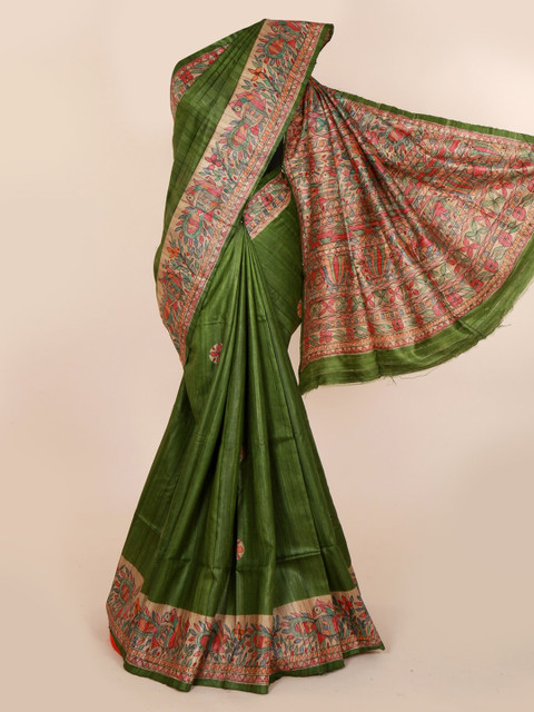

Pothys Green & Beige Jute Silk Printed Tussar Saree