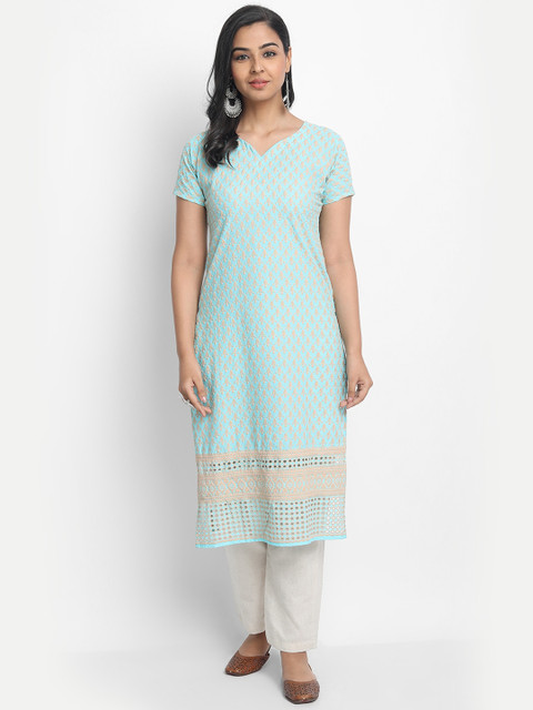 

7Threads Women Sea Green & Beige Embroidered Straight Kurta