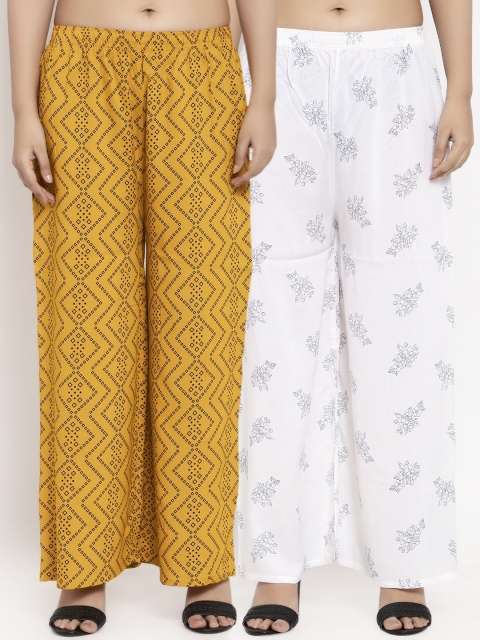 

KLOTTHE Women Pack Of 2 White & Yellow Printed Straight Palazzos
