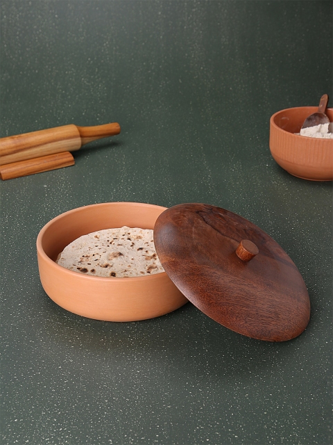 

ellementry Brown Terracotta Roti Box With Wooden Lid