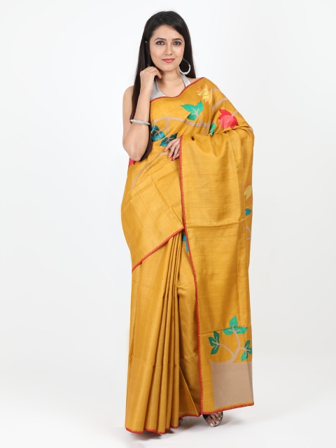 

SABOO COLLECTIONS Mustard & Pink Pure Silk Printed Tussar Saree