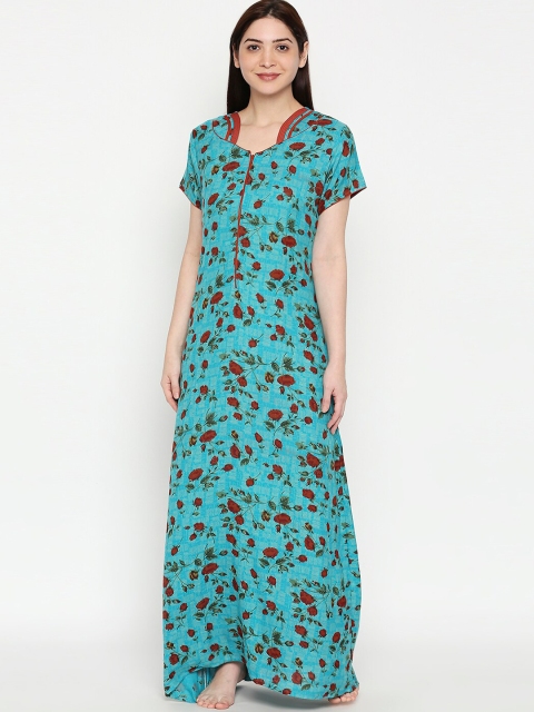 

XIN Women Blue & Maroon Floral-Print Nightdress