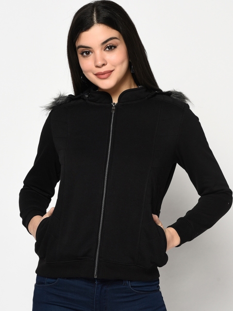 

METTLE Women Black Solid Hooded Sweatshirt