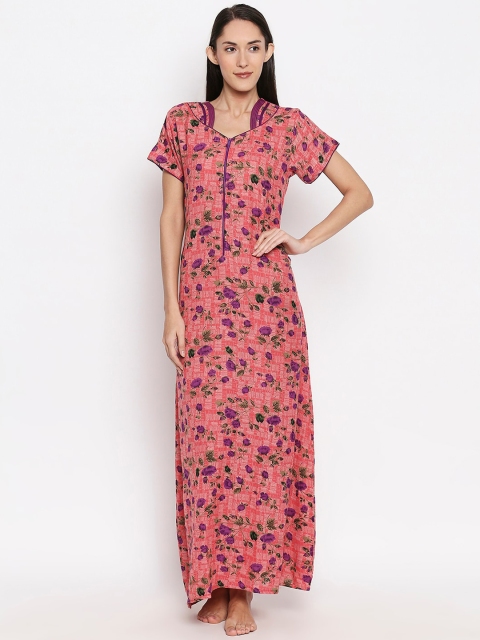 

XIN Women Red & Purple Floral Printed Maxi Nightdress