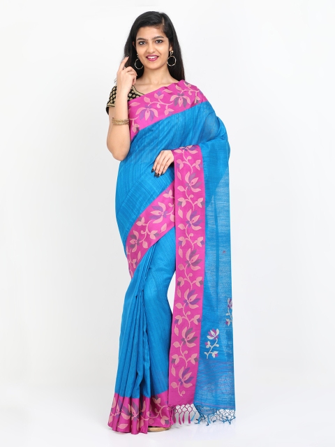 

SABOO COLLECTIONS Blue & Pink Pure Silk Solid Saree
