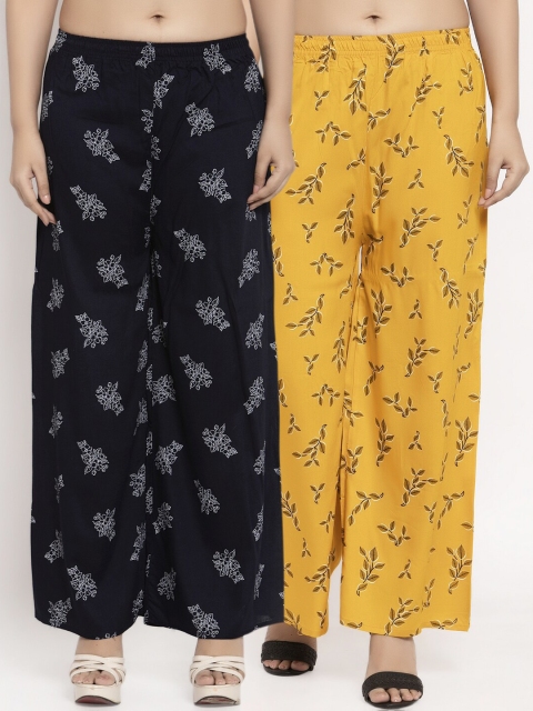 

KLOTTHE Women Pack Of 2 Black & Mustard Yellow Printed Straight Fit Palazzos
