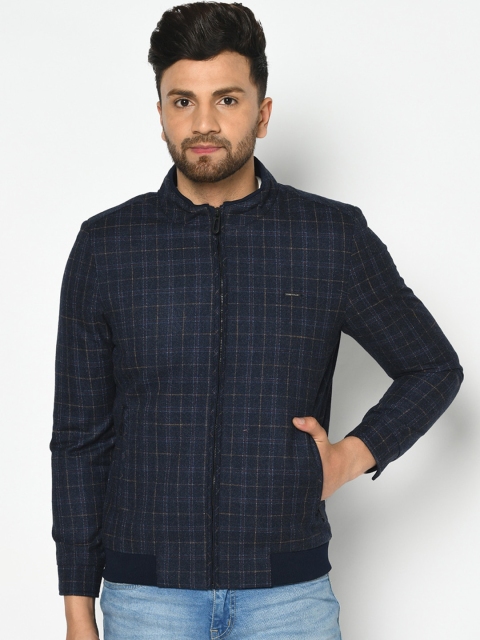 

METTLE Men Navy Blue Checked Bomber Jacket