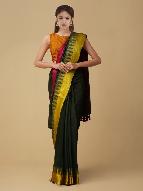 

Unnati Silks Green Pure Linen Solid Jamdani Saree