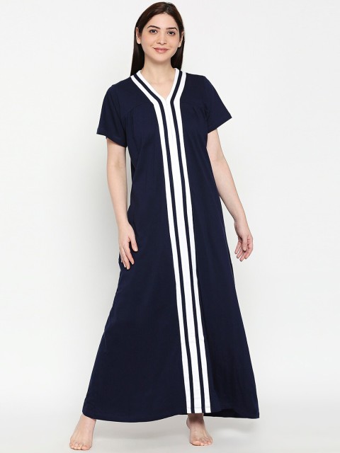 

XIN Women Navy Blue & White Solid Maxi Nightdress