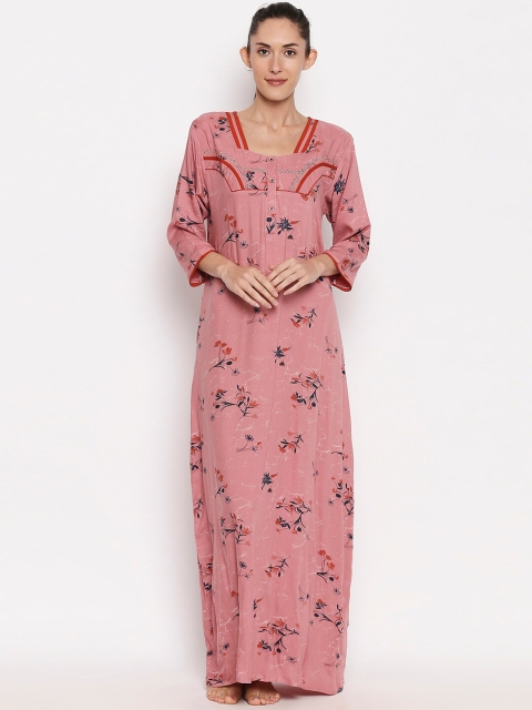 

XIN Women Pink & Navy Blue Printed Maxi Nightdress