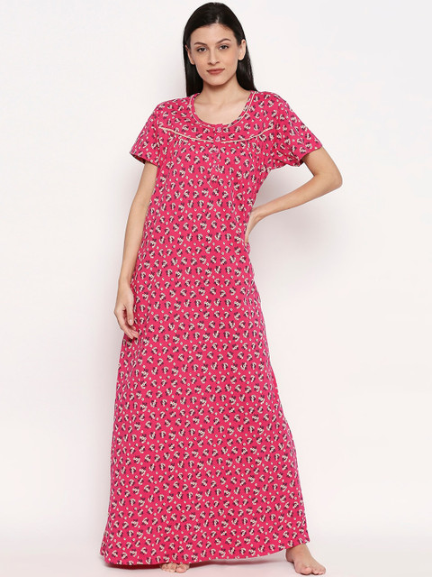 

XIN Women Pink & Beige Floral Printed Maxi Nightdress