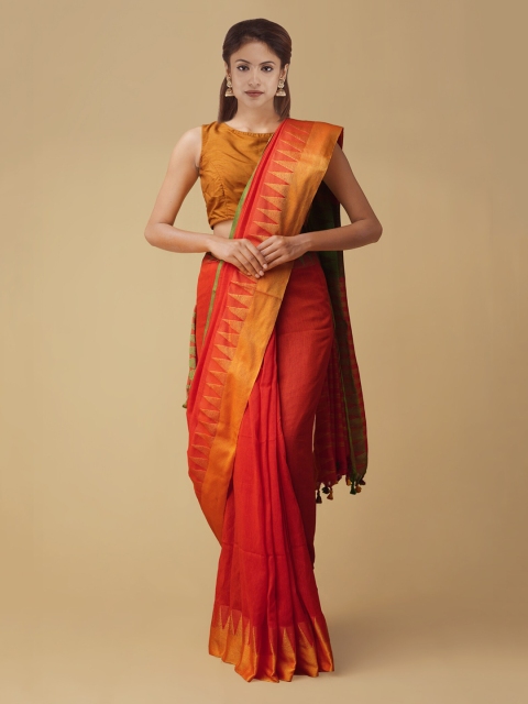 

Unnati Silks Orange Pure Linen Solid Jamdani Saree