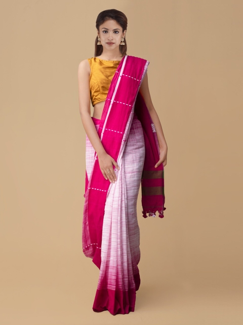 

Unnati Silks White & Pink Pure Linen Printed Jamdani Saree