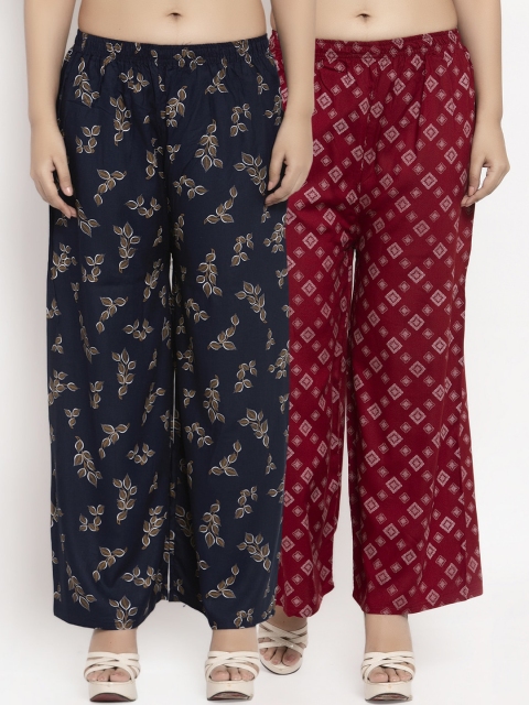 

KLOTTHE Women Pack Of 2 Navy Blue & Maroon Printed Straight Palazzos