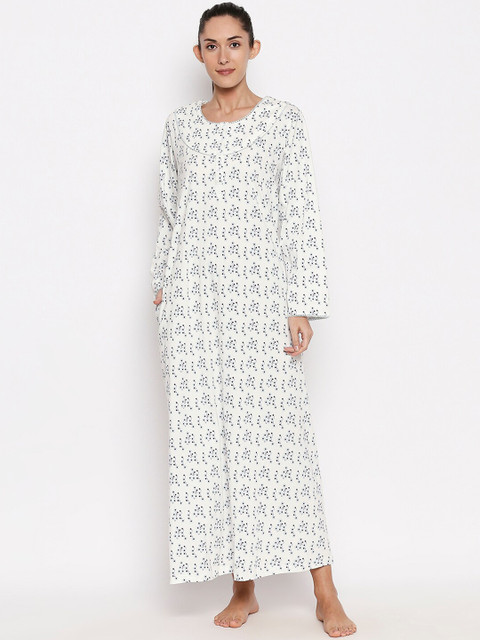 

XIN Women Off White & Purple Floral-Print Nightdress