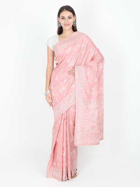 

SABOO COLLECTIONS Pink Pure Silk Embroidered Tussar Saree